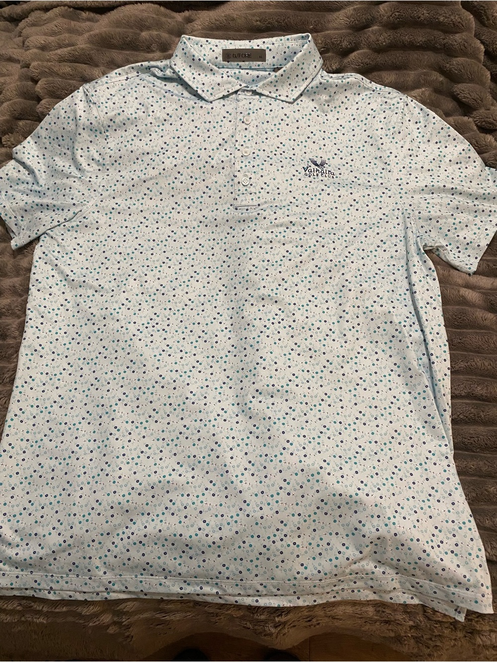 G/FORE Light Blue Polo with Navy & Teal Dot Print